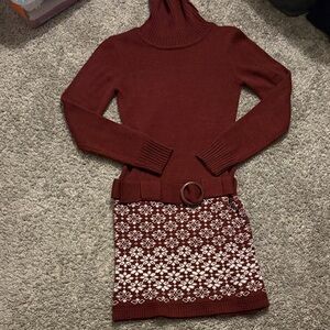 VENUS Burgundy Long Sleeve Dress with Patterned Skirt